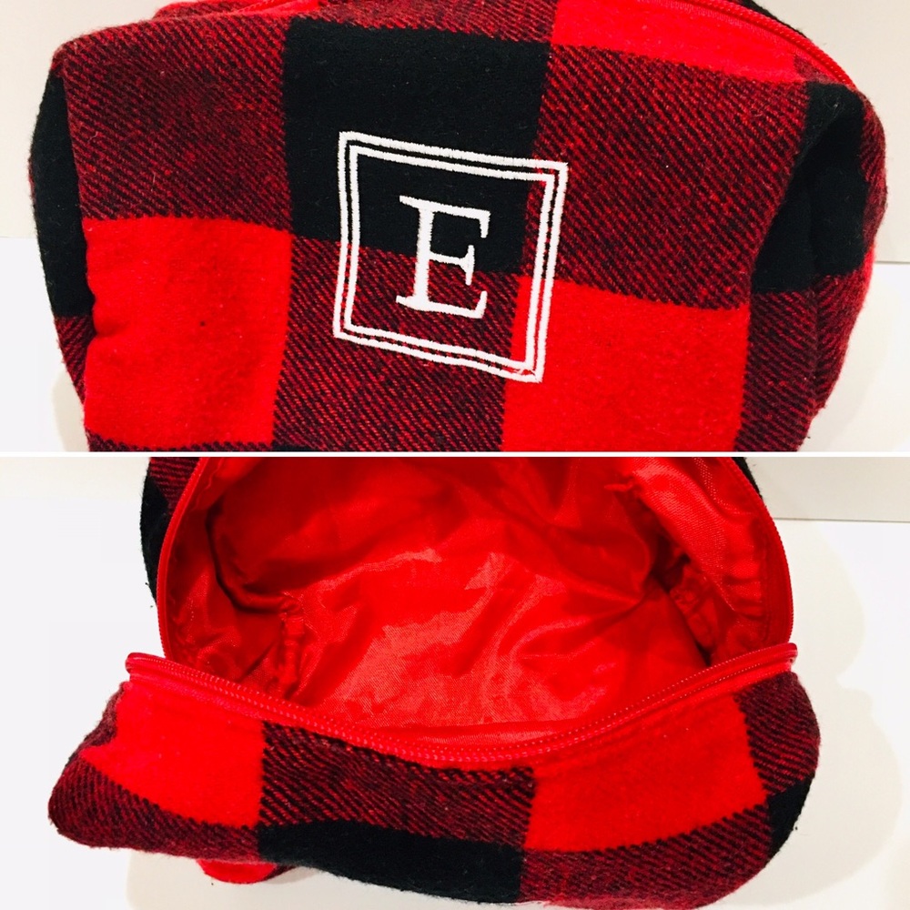 Plaid red black monogram makeup case bag tote E lumberjack camping